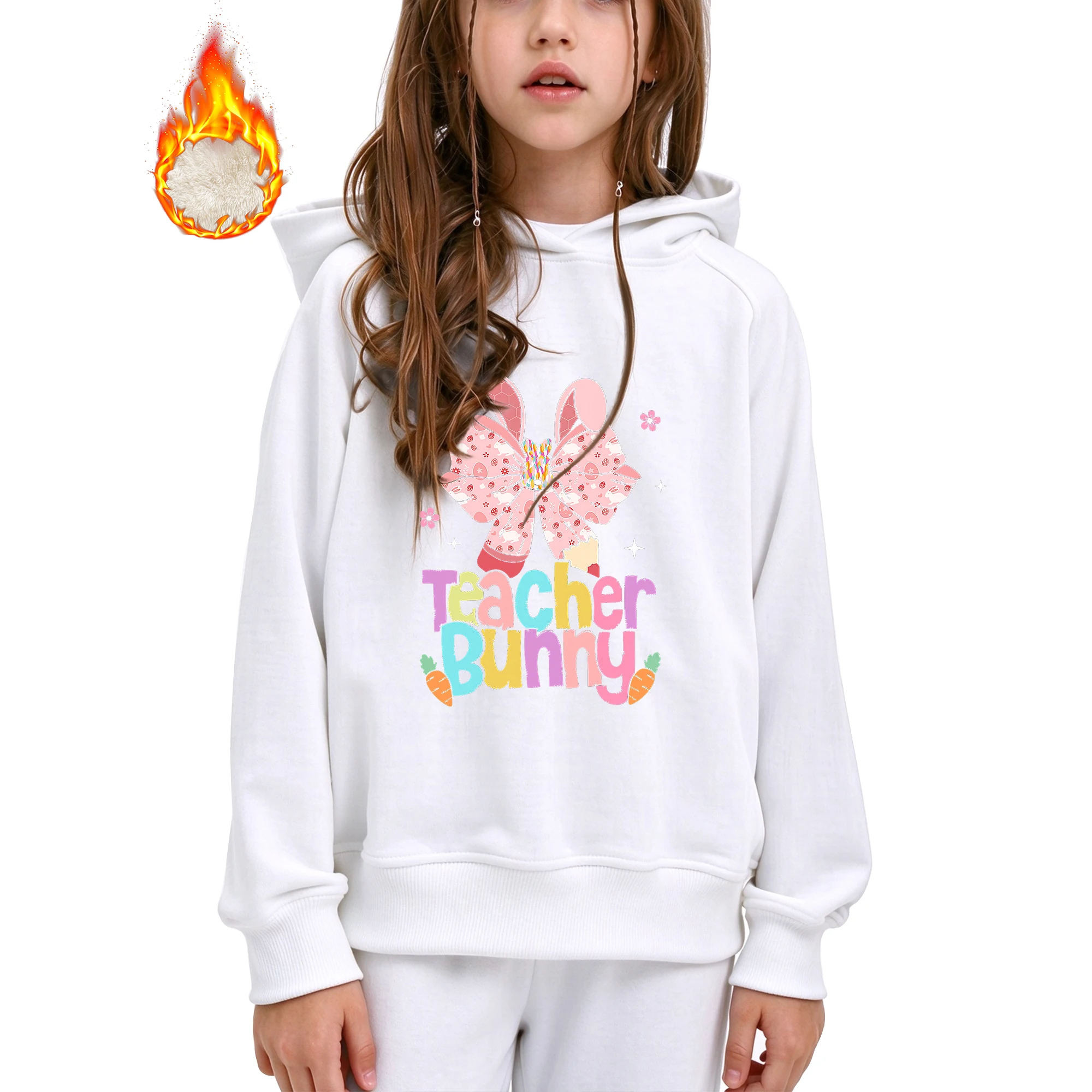 Girls Hoodie Kids Hooded Sweatshirt Teacher Bunny Easter Print Casual Long Sleeve Pullover For 3-14Y Girls Spring Autumn Tops