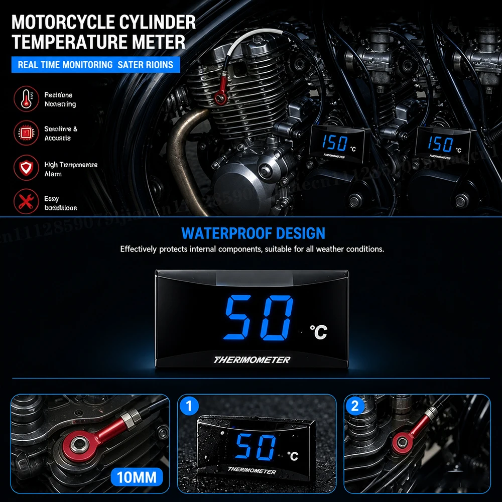 0-250℃ Blue Motorcycle Water Temperature Gauge Mini Meter Moto Universal Thermometer For YAMAHA HONDA KAWASAKI BMW Sensor Racing