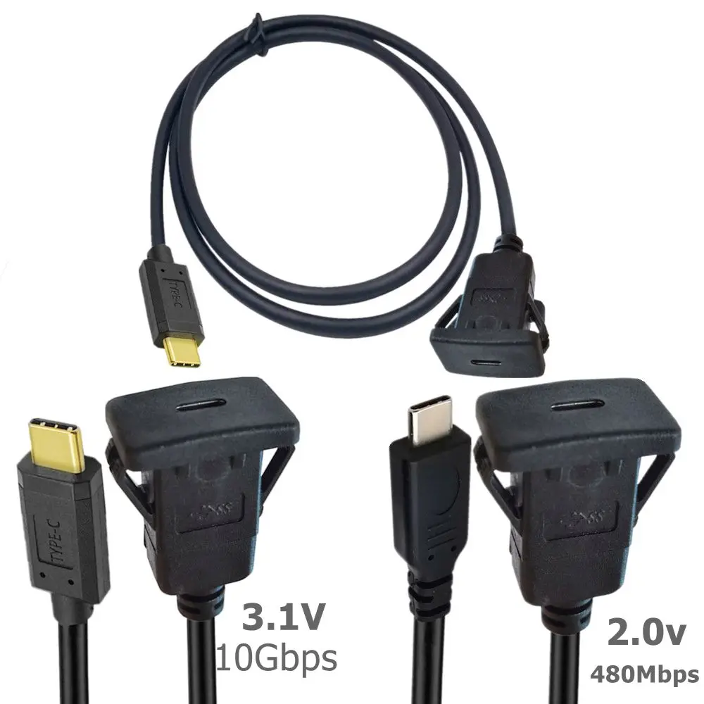 USB C 3.1 10Gbps Type-c Male To Female AUX Flush Panel Mount Extension Waterproof Cable For Car Truck Boat Motorcycle Dashboar