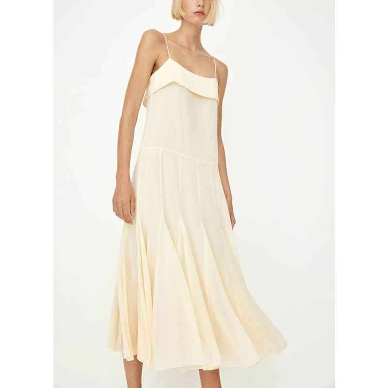 ชุดเดรสผ้าชีฟองคอปกสี่เหลี่ยมทรงบานสำหรับงานวันเกิดฤดูร้อนของผู้หญิง สายเดี่ยว ผ้าโพลีเอสเตอร์