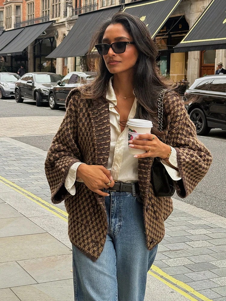 

HH 2023, осенние женские уличные пальто, женские шикарные однобортные карманные украшения с длинными рукавами и лацканами, повседневные вязаные кардиганы Mujer