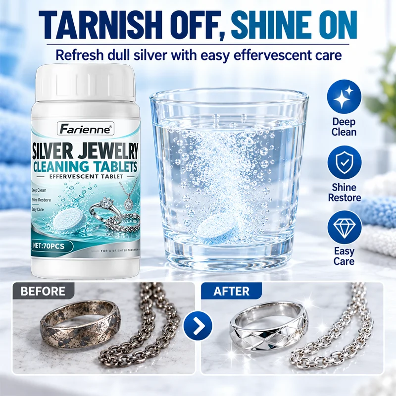 Farienne Silver Cleaner Tablets Tarnish Remover Sterling Silver Jewelry Ring Necklace Effervescent Soak Restore Shine 70Pcs