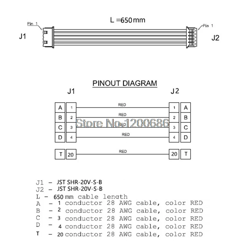 JST SHR-20V-S-B 20Pin Male Plug SHR-20V-S-B Connector Mini Micro Sh 1.0 Jst 20-Pin Connector Plug Male -male 650mm Cable