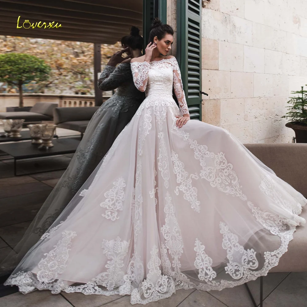 

Loverxu Vintage Wedding Dresses 2024 Boat Neck Long Sleeve Robe De Mariee Gorgeous Appliques A-Line Court Train Vestido De Novia