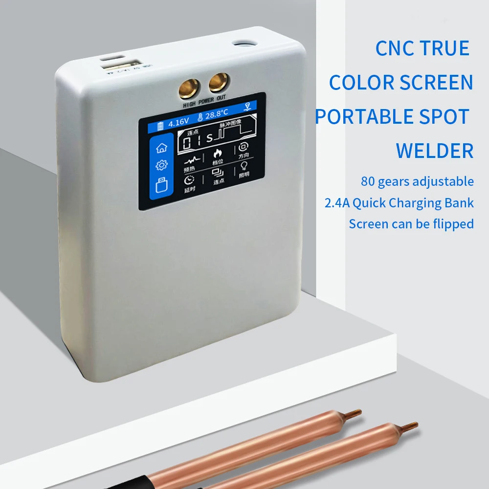 

Portable Color Screen Spot Welder Kit 80 Gears Adjustable 2.4A Quick Charging Spot Welding Machine for 0.1mm-0.25mm Nickel Sheet