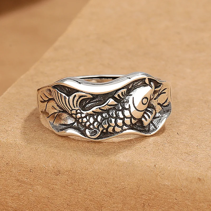 

Retro ethnic style new artistic style lotus leaf koi ring for women with adjustable opening and creative index finger ring