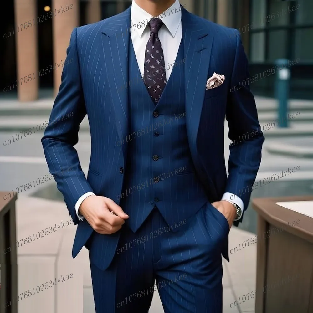 

New Blue Elastic Stripe Men Business Suit Groom Groomsman Wedding Party Formal Prom Male Tuxedos 3 Piece Set Blazer Vest Pants