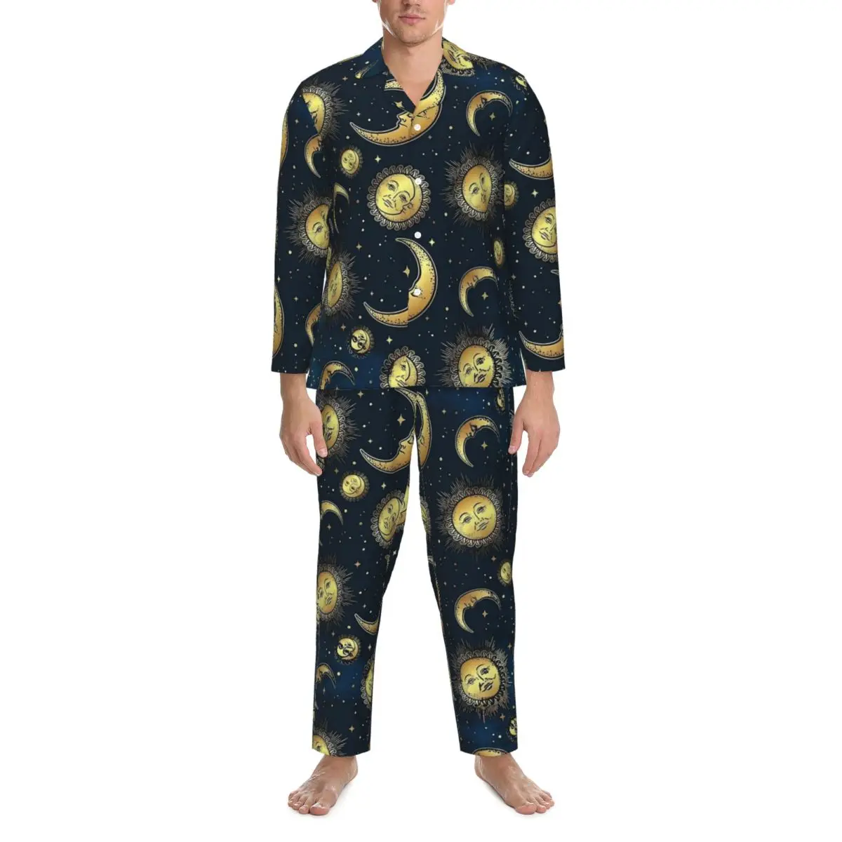 90s Celestial Sun And Moons Sleepwear Autumn Casual Oversized Pajama Sets Men Long Sleeves Romantic Leisure Design Nightwear