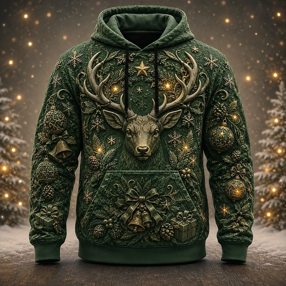 Men Unisex 3D Print Hoodie Embossed Style Deer Christmas Ornament Pullover Long Sleeve Casual Holiday Sweatshirt Winter Top