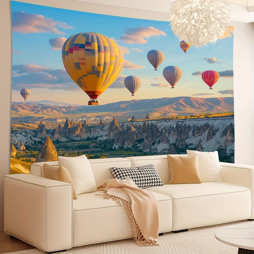 Hot Air Balloon Tapestry, Colorful Balloons over Cappadocia Landscape, Travel Scenery Wall Art for Living Room Bedroom Decor