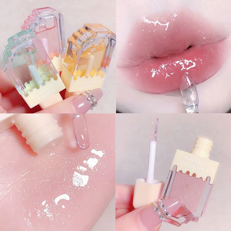 Brillo de labios transparente para mujer, Bálsamo hidratante, aceite de gelatina de cristal, lápiz labial rojo no pegajoso, herramienta cosmética para el cuidado de los labios