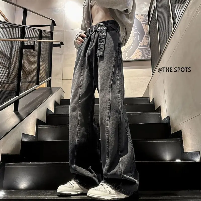

Foufurieux Summer Retro Tie Fringed Denim Pants High Waist Straight Wide-leg Floor-length Ankle Length Appear High Jeans Men New
