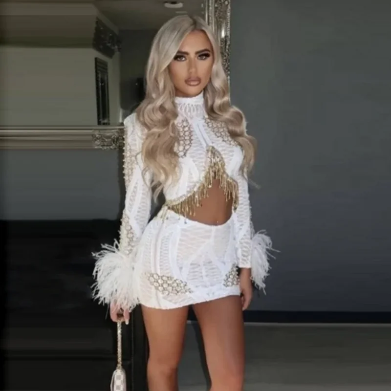 Beaded Prom Dress Full Sleeves Sequins Mini Champagne Prom Gowns Feathers Short Evening Dresses For Wedding Ostrich Luxury
