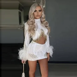 Beaded Prom Dress Full Sleeves Sequins Mini Champagne Prom Gowns Feathers Short Evening Dresses For Wedding Ostrich Luxury