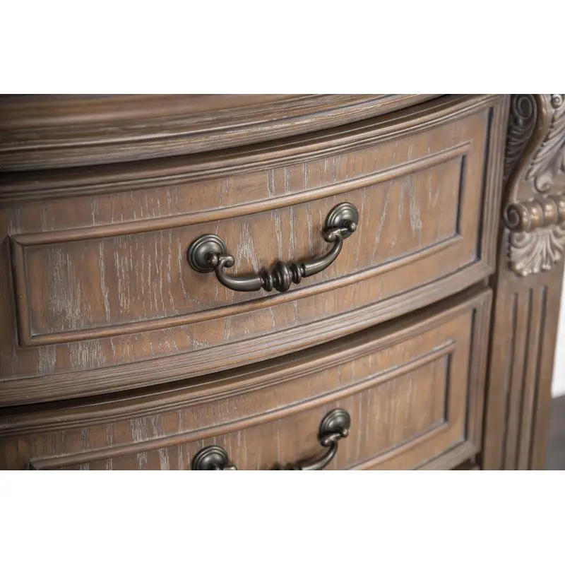 Table de chevet traditionnelle luxueuse, 1 pièce, finition chêne patiné, Design incurvé, Table de chevet en bois massif