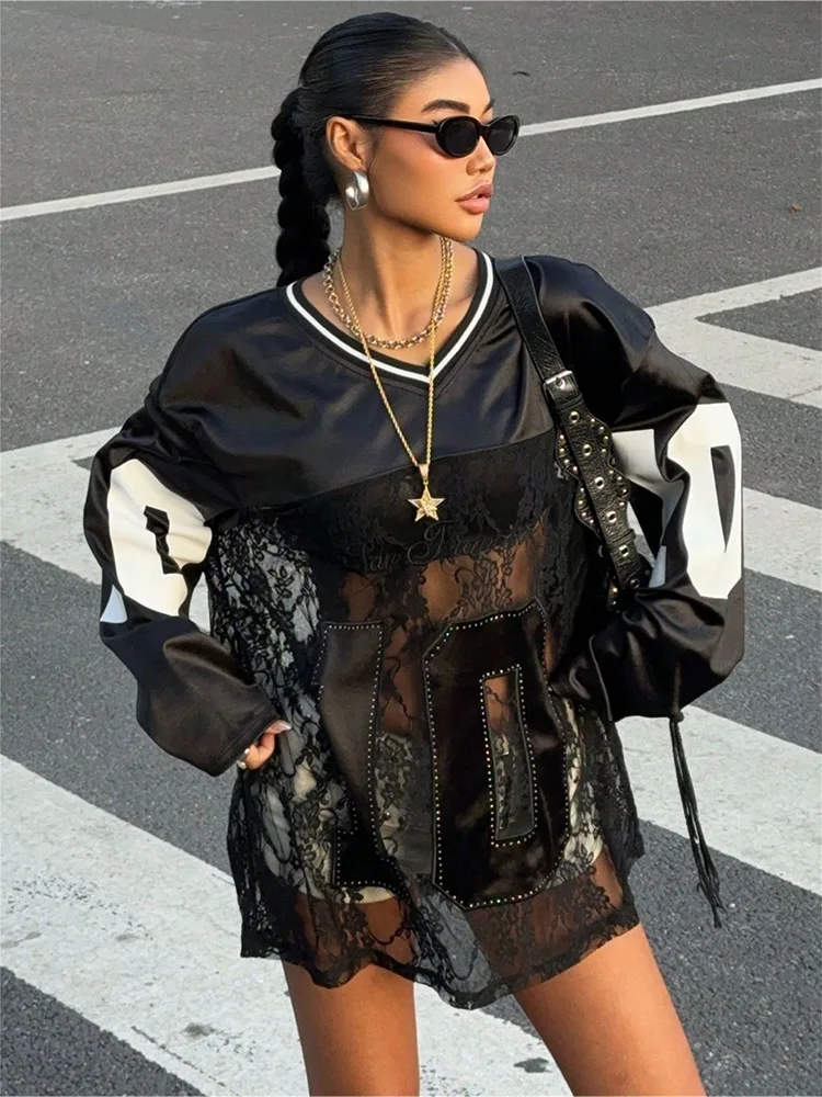2026 Sommer Damen Y2K Street Jersey Sternennummer-Print Transparente Spitzenpaneele Oversize Drop-Shoulder Gestreiftes V-Ausschnitt Langarm T-Shirt – Detail 5
