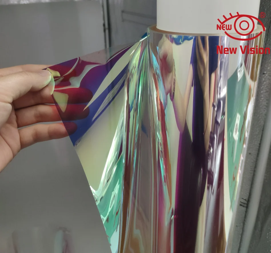 1.38*30 متر مركز تسوق مكتب بناء ملون مبهر أزرق أحمر لاصقة تزيين قوس قزح Dichroic نافذة تينت فيلم