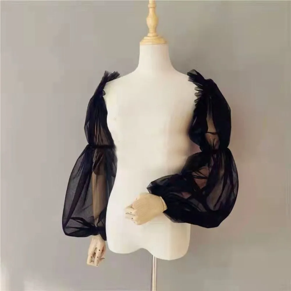 1 par de mangas de brazo transpirables elegantes, mangas finas de linterna de Color sólido, mangas holgadas de malla nupcial para mujer