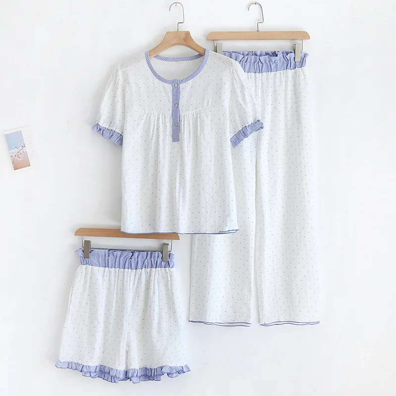 

Spring and summer new women's pajamas three-piece set short sleeves + shorts + trousers 100% cotton gauze polka dot homewear set