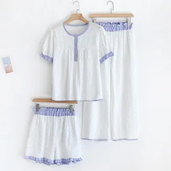 Spring and summer new women's pajamas three-piece set short sleeves + shorts + trousers 100% cotton gauze polka dot homewear set