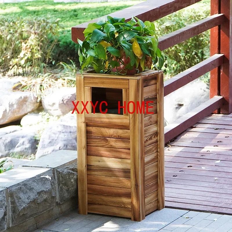 Outdoor Solid Wood Trash Can Park Scenic Spot Community Sanitation Ash Bucket Carbonized Wood Anti-Corrosion Trash Can