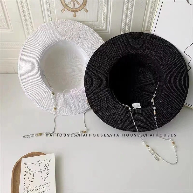 Women Summer Straw Fashion Sun Hats Panama Elegant Straw Fedoras Lady Girl Outdoor Vacation with Pearl Chain Sunshade Beach Hat