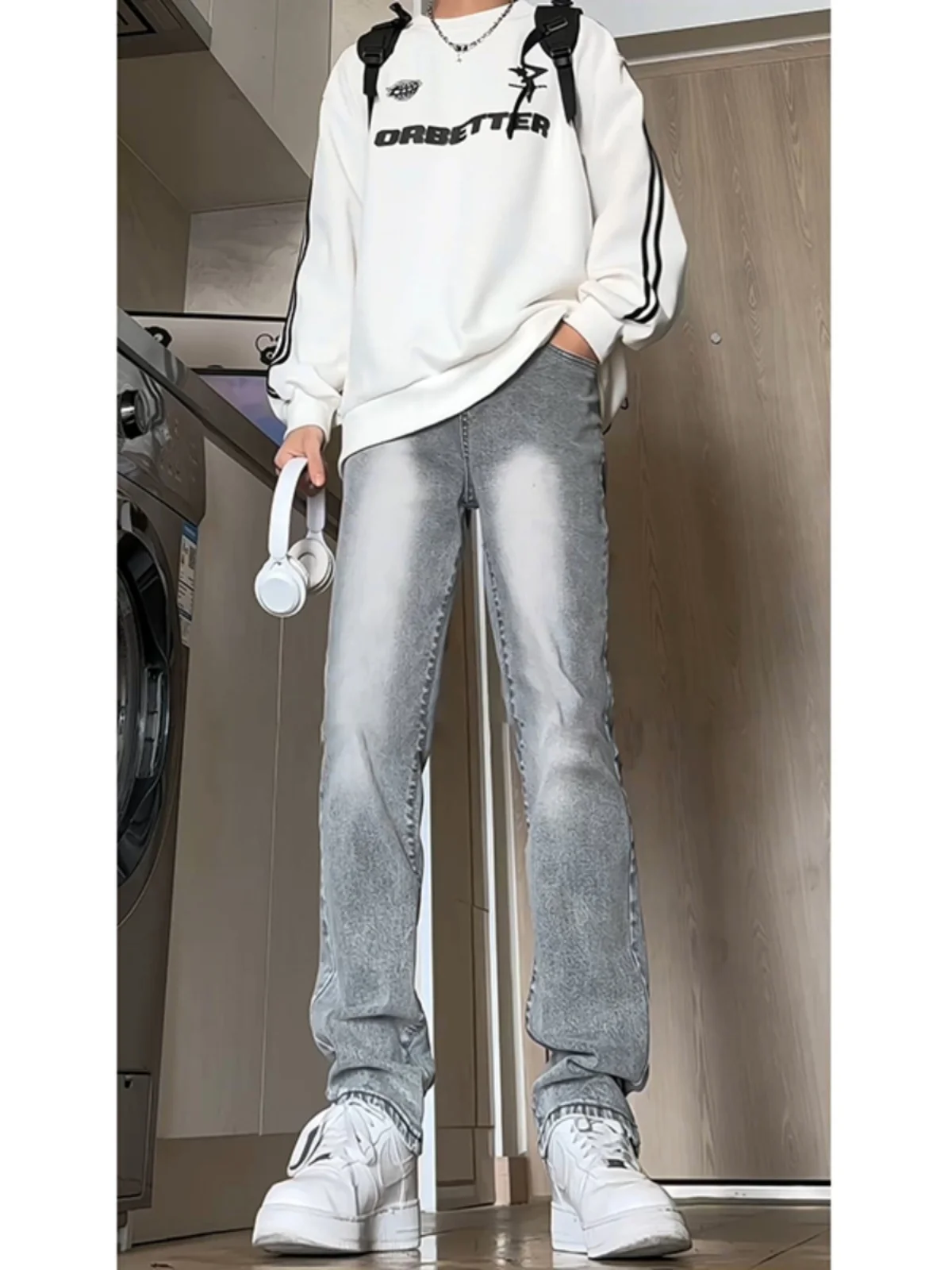 

Soft Straight Leg Men's Jeans ey Cement High Elastici American Vibe Autumn Winter Faionable Long Pants Youth Trend
