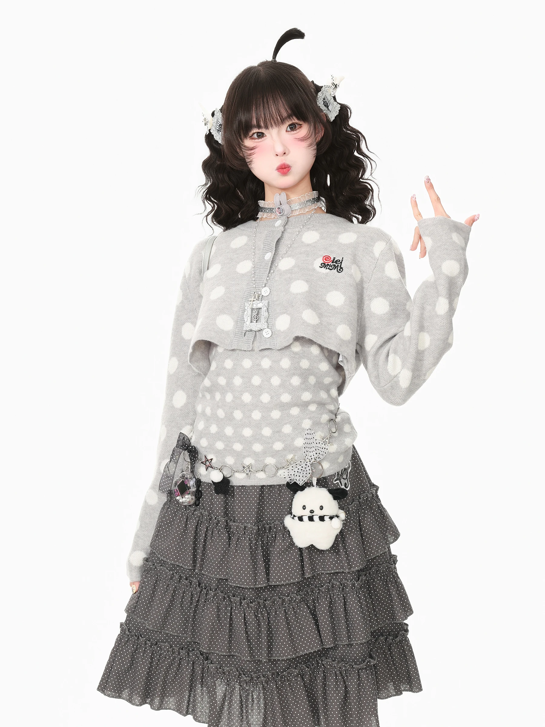 Blue Ghost Park Languid Park Polka Dot Design Outerwear Vest Women's Fashion Set Autumn Season Casual Style Polyester Fiber