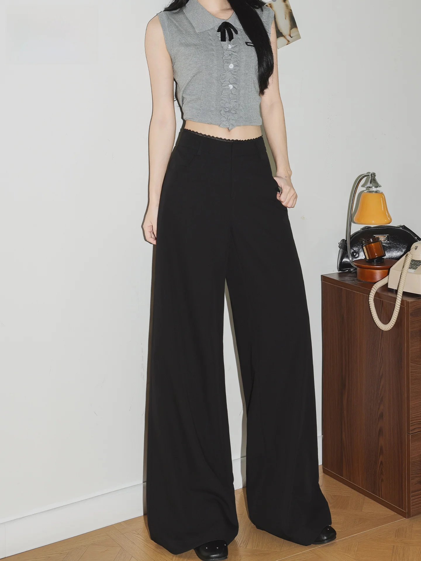 

Черные женские повседневные брюки с высокой талией, широкими штанинами, свободного кроя, прямые, длинные, летняя новинка