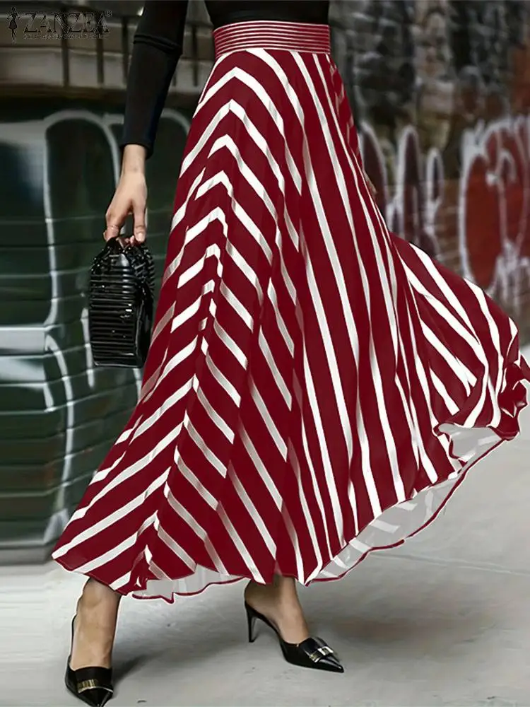 ZANZEA 2024 Elegant A-line Faldas Women Fashion Skirts Casual Irregular Stripe Printed Jupes Bohemian Side Zipper Maxi Faldas