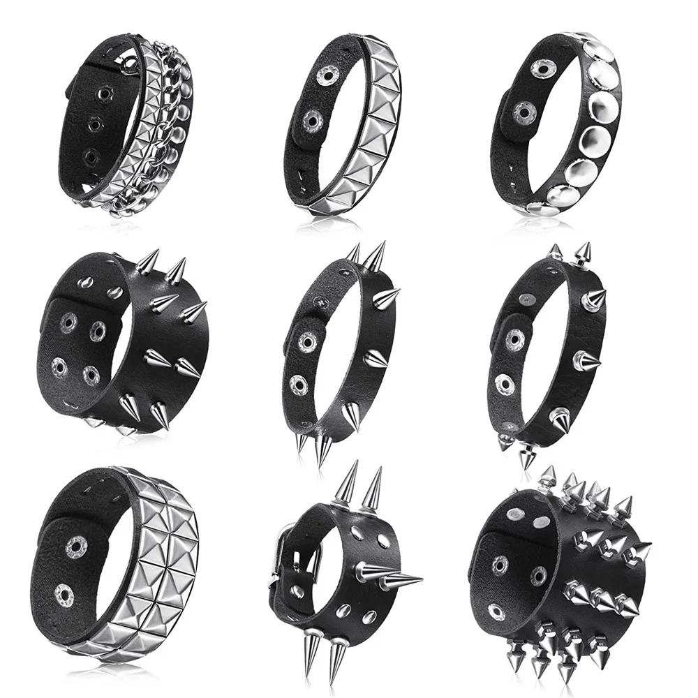 2024 Square Gothic Spike Bracelet Adjustable Punk Rock Bracelet Black Studded Faux Leather Bracelet for Men Women Gift