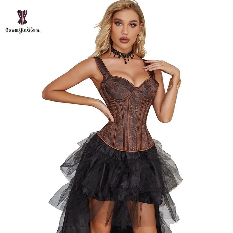 

Plus Size XS To 6XL Women Body Shapewear Brown Steampunk Gothic Overbust Corselet Zip Strap Corsets And Bustier