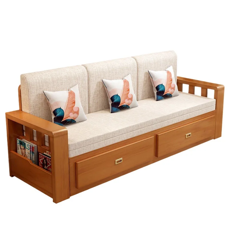 Solid wood sofa bed integrated, dual-purpose living room small apartment foldable push-pull sofa