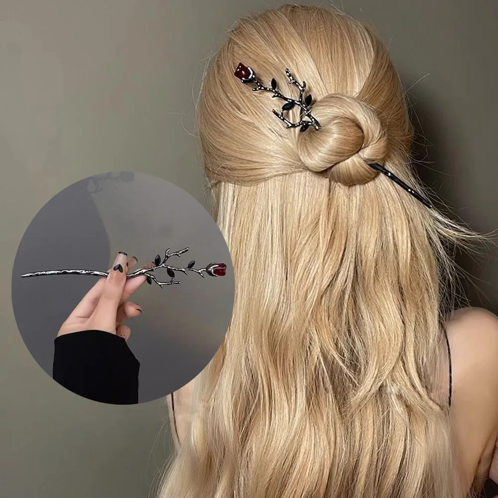 1 PC ใหม่จีน Hairpin ผม Elegant Rose ดอกไม้คริสตัลสาขาโลหะ VINTAGE อุปกรณ์เสริมผม Lady Headdress
