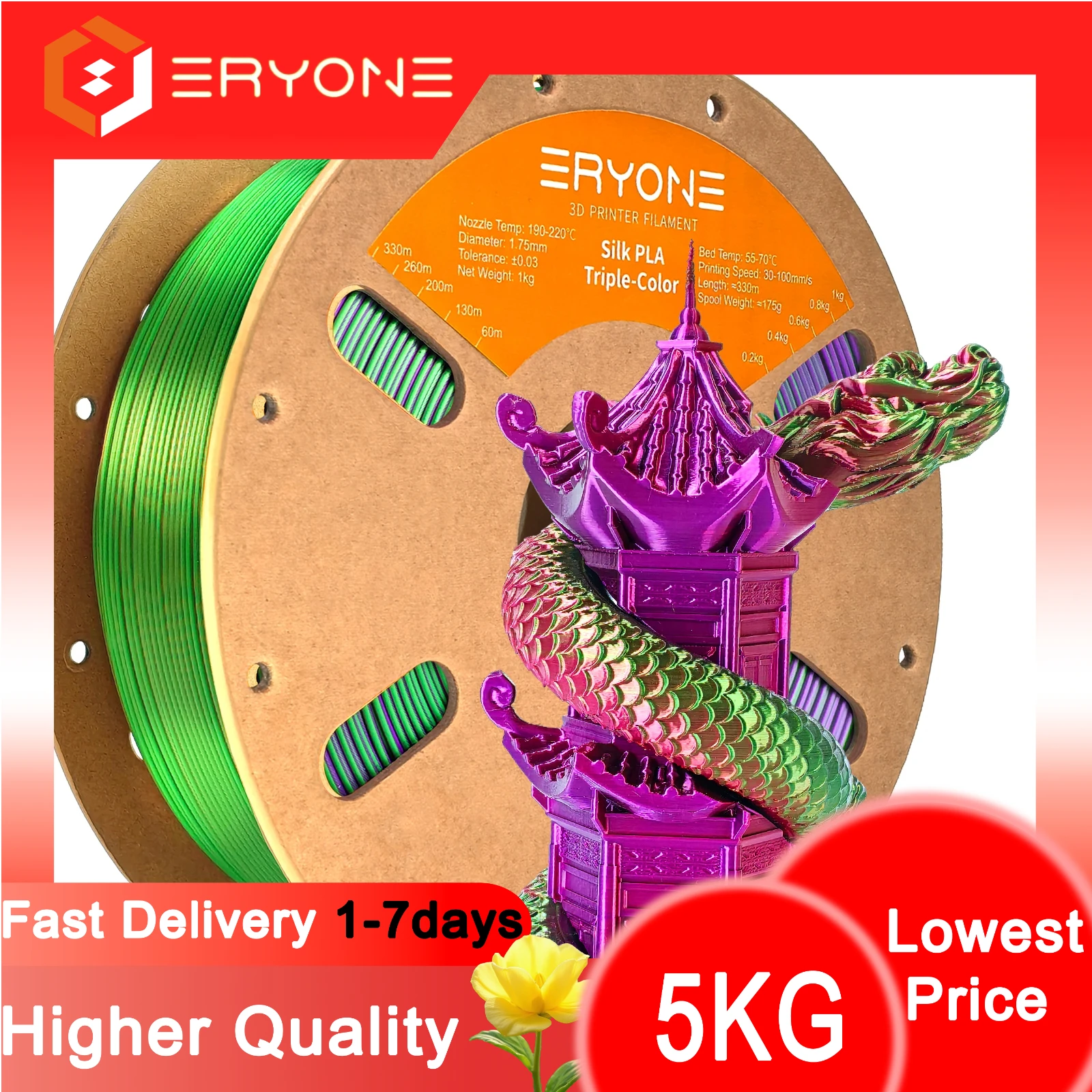 ERYONE 1/3/5KG Drievoudige Kleur Zijde PLA Premium Filament 3D Print Grote Verkoop, Veelkleurig Beschikbaar, 1kg zijde pla drievoudige kleur filament