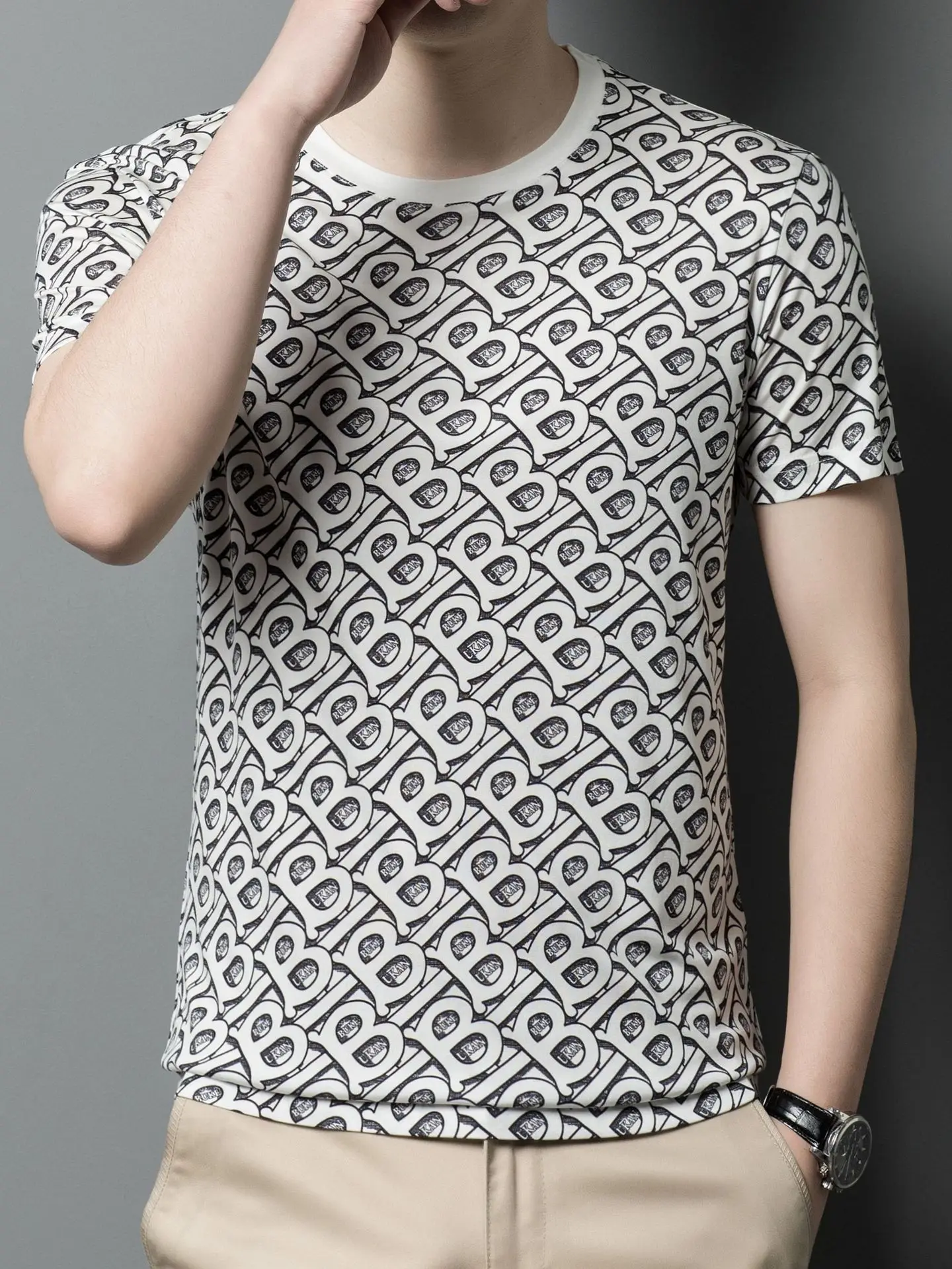 

High-end light luxury silk T-shirt men's 100% mulberry silk short-sleeved light sweatshirt summer round neck half-sleeved top
