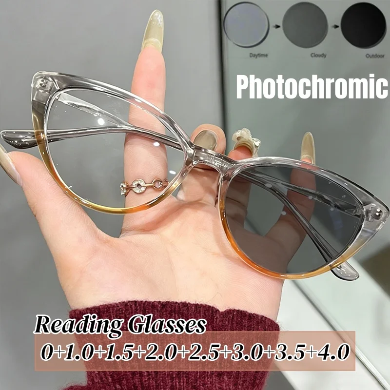 

Stylish Women Photochromic Reading Glasses Vintage Color Changing Far Sight Glasses New Trend Cat Eye Eyeglasses Lenses for Men