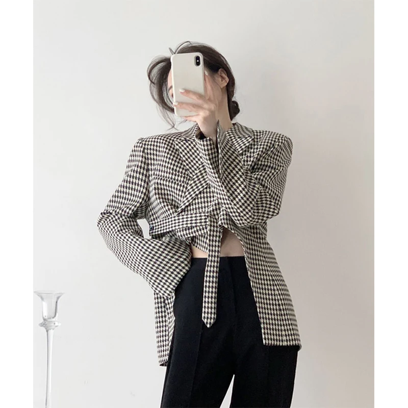 Black Plaid Blazer Women Irregular Houndstooth Suit Jacket Streetwear Korean Ribbon Cropped Coat Office Lady Elegant Outwear New