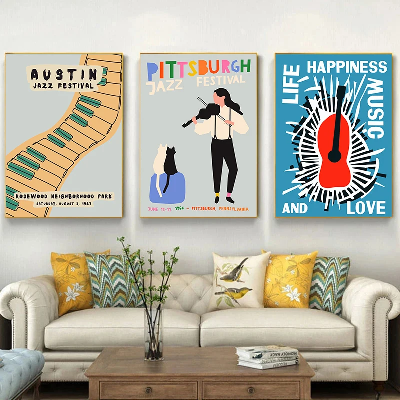 Abstract Jazz Festival Red Black Cat Canvas Painting Woman Wall Art Nordic Music Posters Prints Pictures Home Room Decor Cuadros