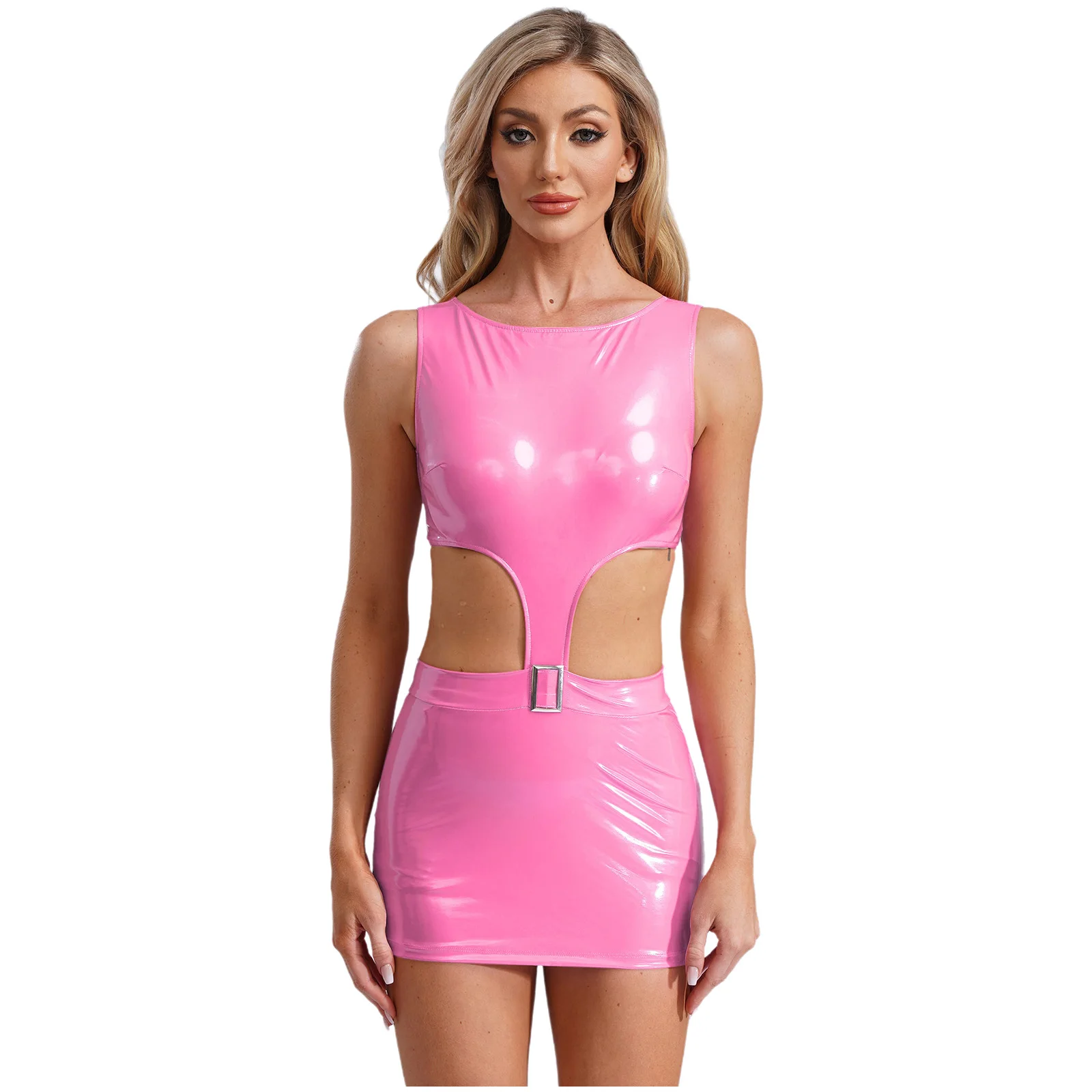 Women Back with Zipper Bodycon Mini Dress for Pole Dancing Cutout Patent Leather Latex Catsuit Dress Wetlook Rave Party Clubwear