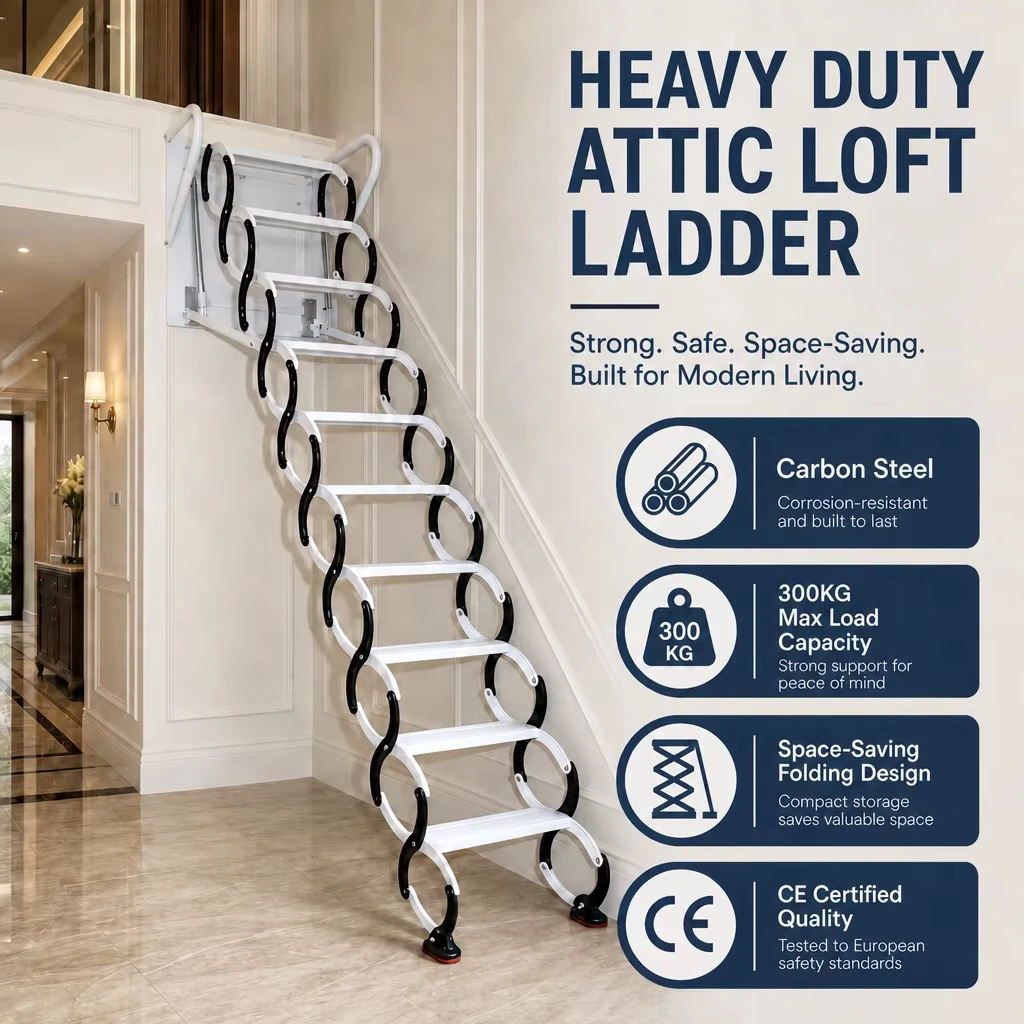 Hot Selling Carbon Steel Wall Mounted Telescopic Attic Ladder Manual Pull Down Retractable Stair with Anti Slip Pedals