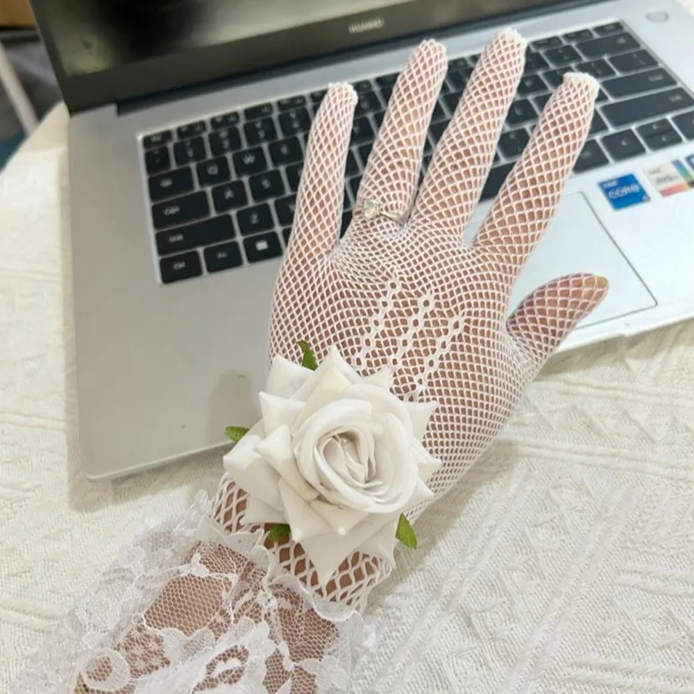 جديد روز زهرة الدانتيل شبكة القفازات تأثيري فستان الحفلات شبكة صيد السمك قفازات التصوير الدعامة الشرير الهيب هوب الزفاف قفازات الزفاف الطرف