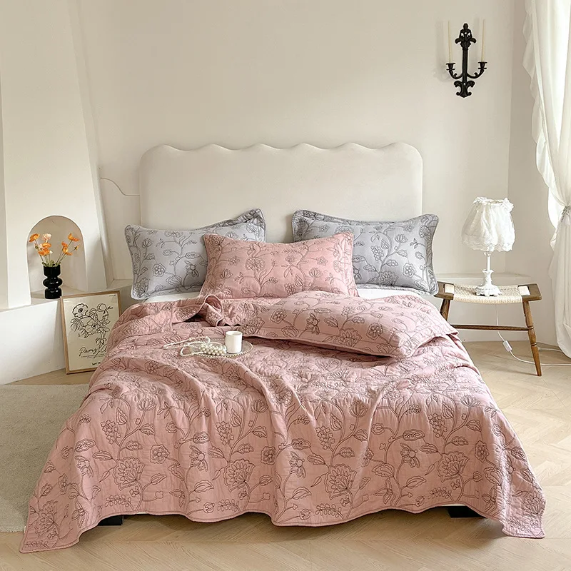 3-Piece 100% Cotton Quilt Set, Rustic Solid Color Embroidered Lightweight Summer Bedspread, Non-Slip Quilted Sheet Home Decor