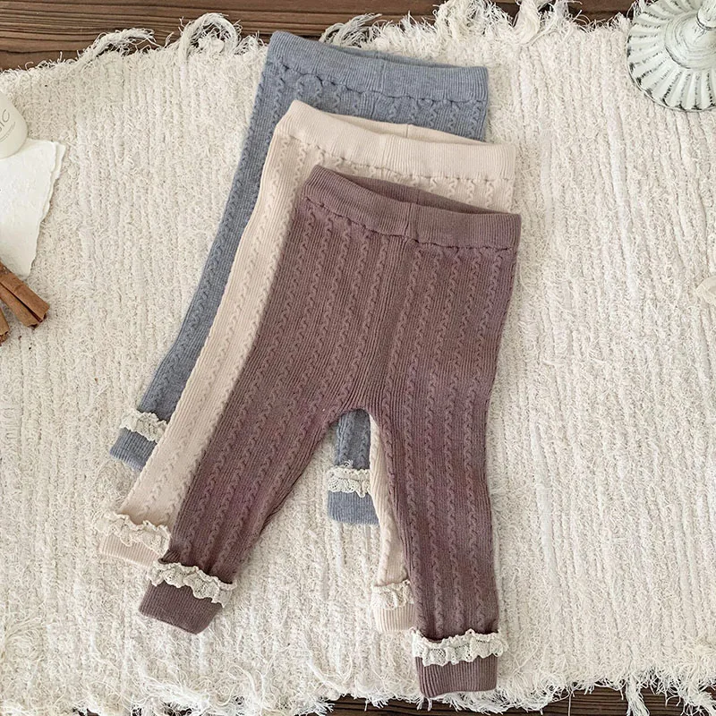 2024 New Autumn Korean Style Toddler Baby Girl Knitted Lace Splicing Trousers Newborn Baby Girls Knitting Pants Children Clothes