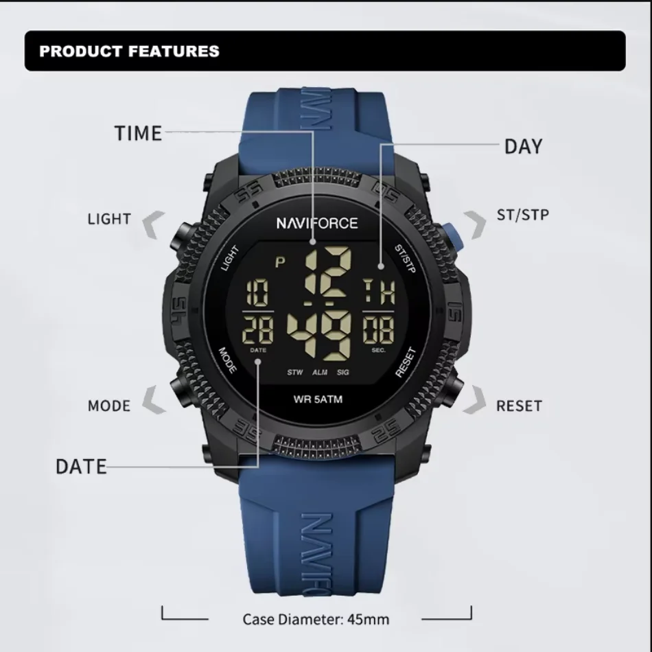 NAVIFORCE-Montre-bracelet numérique LCD pour homme, montres de sport étanches, bracelet en silicone, horloge électronique décontractée pour homme,