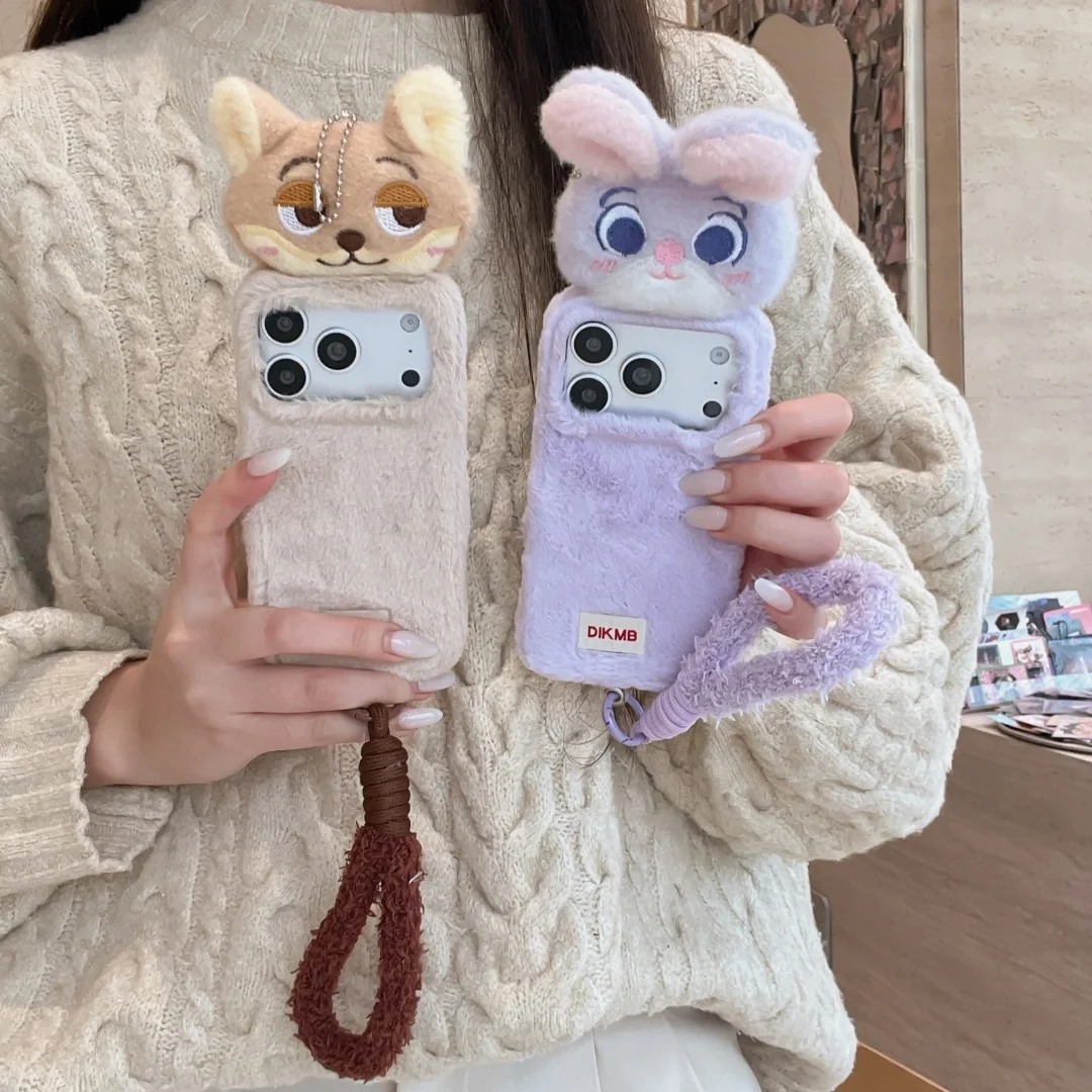 

Милый чехол для телефона Disney Zootopia (Зверополис) с Джуди, Ником и ленивцем для iPhone 17, 14, 15, 16 Pro Max, 17 Pro Max, с изображением лисы и кролика, плюшевый, с эффектом ворсистости