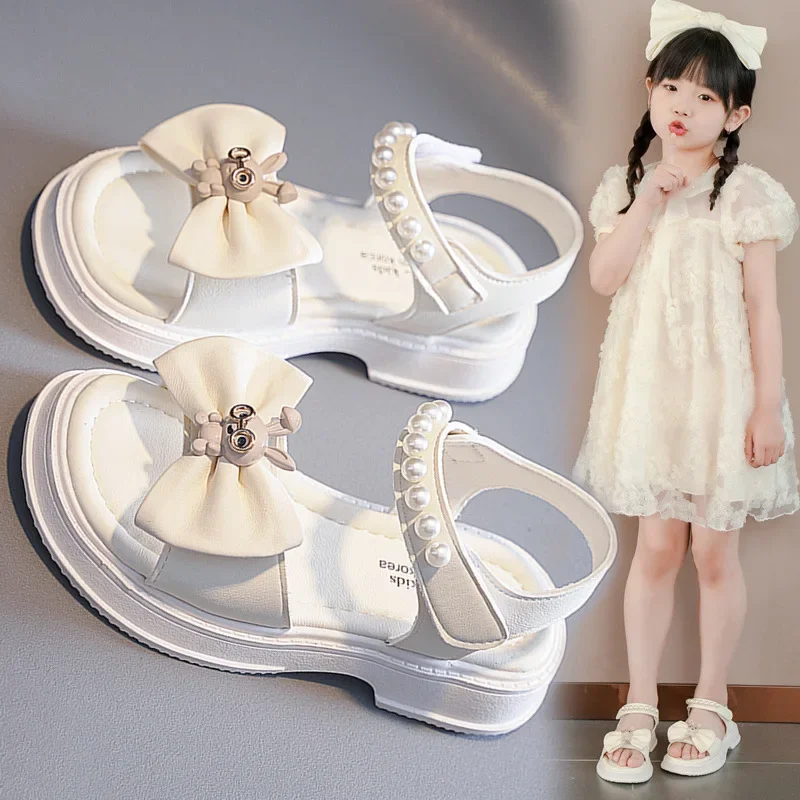 3-12 2024 New Summer Princess Party Elegant Beach Shoes Fashion Bow Pearl Kids Sandal for Girls Shoes Student Children's Sandals