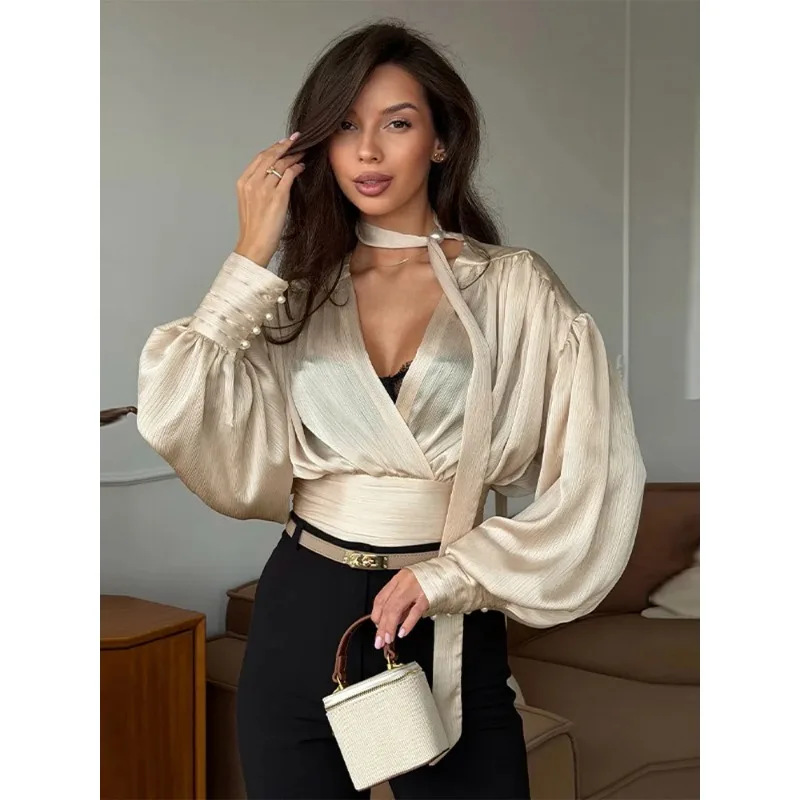 

Сексуальная плиссированная рубашка с шарфом, женская, с длинными рукавами, на пуговицах, с глубоким V-образным вырезом, короткая, модная, весна-лето, верхняя одежда