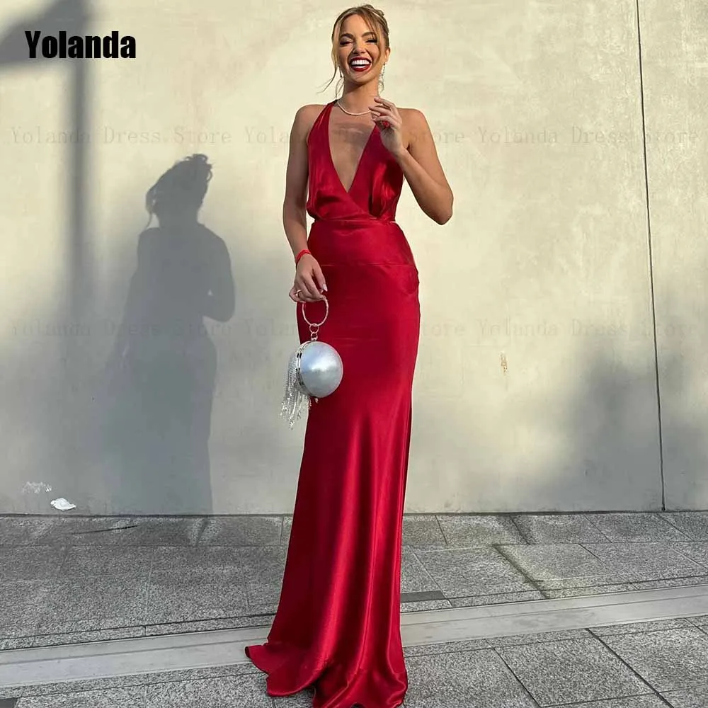 Fashion 2024 New Design A-line Evening Dresses Halter V-Neck Satin Sleeveless Open Back Party Dress Floor Length Robe de soirée