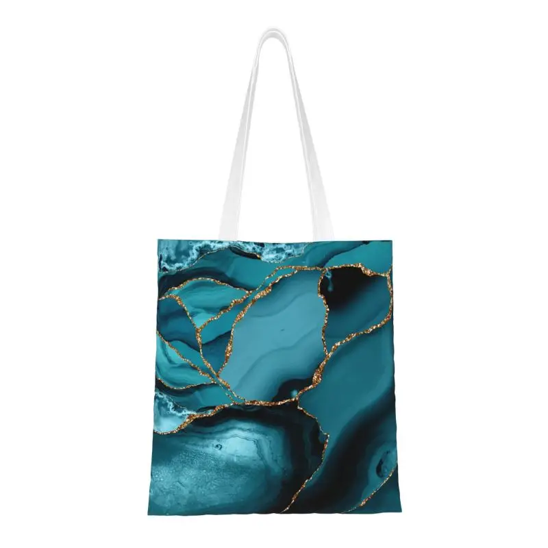 

Kawaii Teal And Gold Marble Landscape Waves Shopping Tote Bag Recycling Grocery Canvas Shopper Shoulder Bag